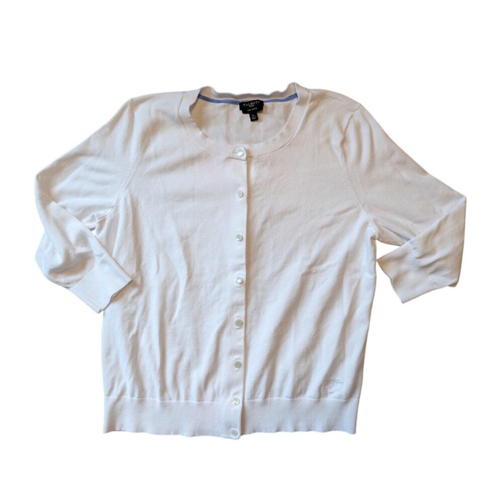 Talbots Women's Cardigan Sweater White Pima Cotton Button Up Size Large Petite